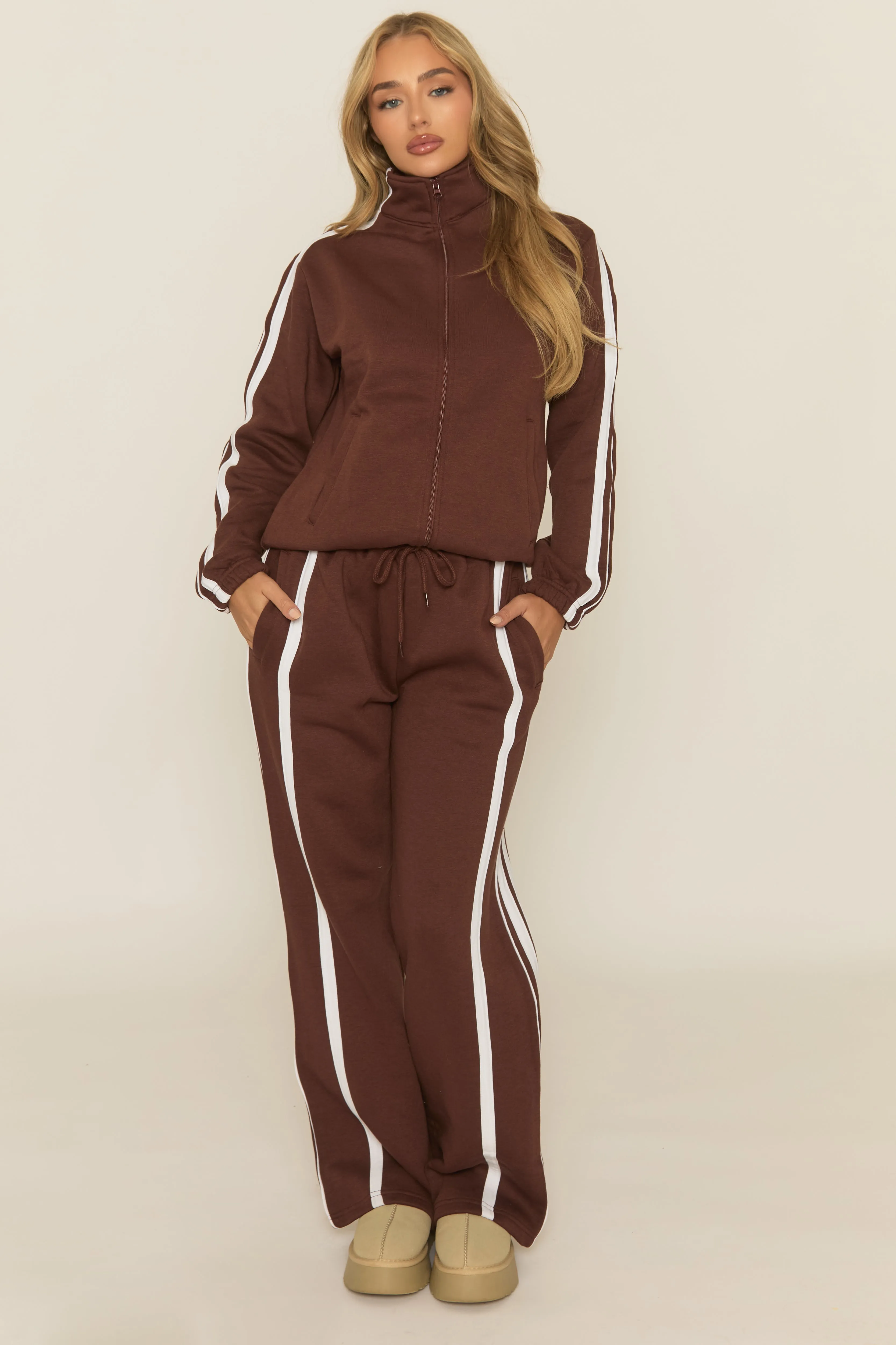 Chocolate Contrast Stripe Jacket and Joggers Loungewear Co-ord Set - Denika sold by Rebellious Fashion