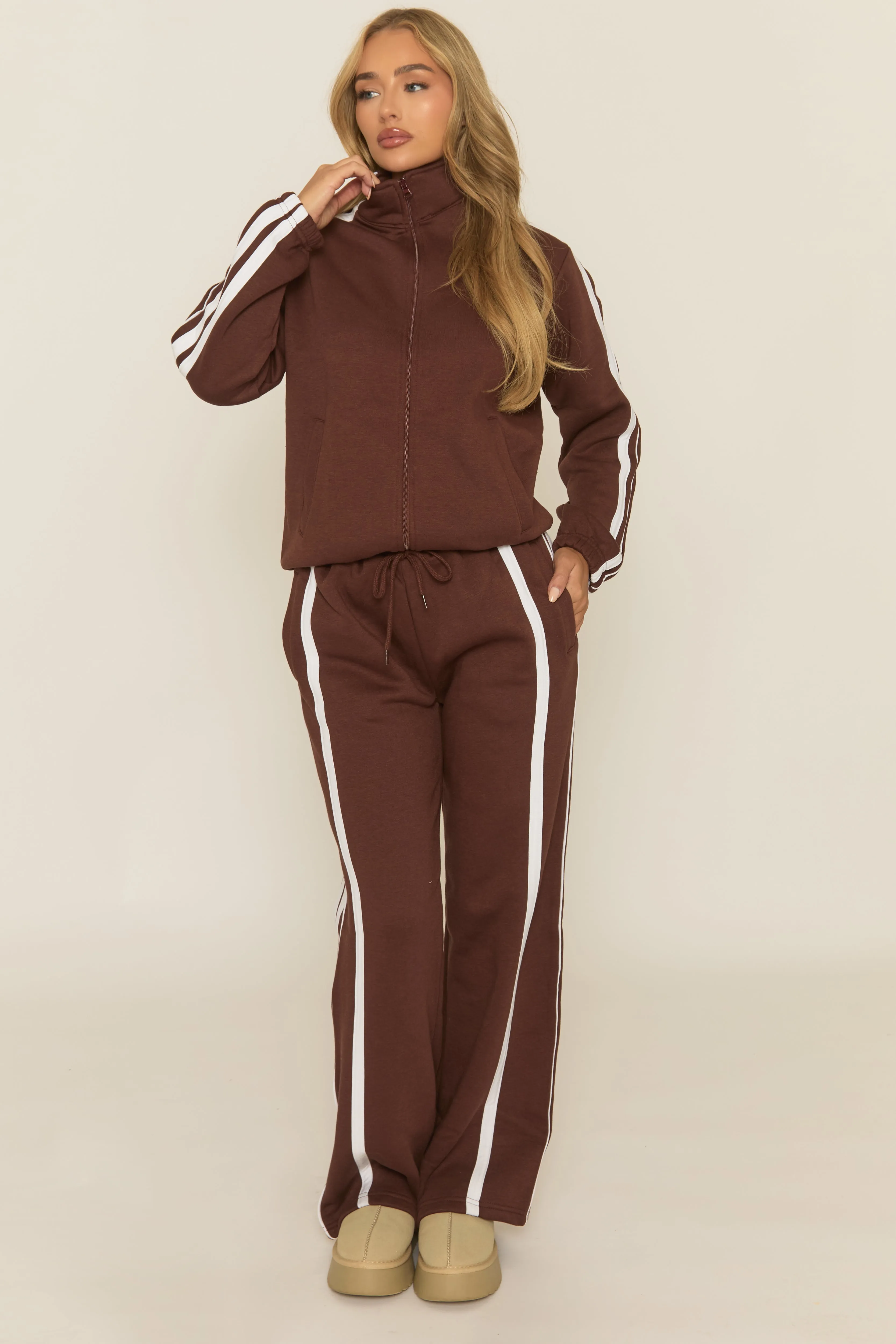 Chocolate Contrast Stripe Jacket and Joggers Loungewear Co-ord Set - Denika sold by Rebellious Fashion product image thumbnail 5