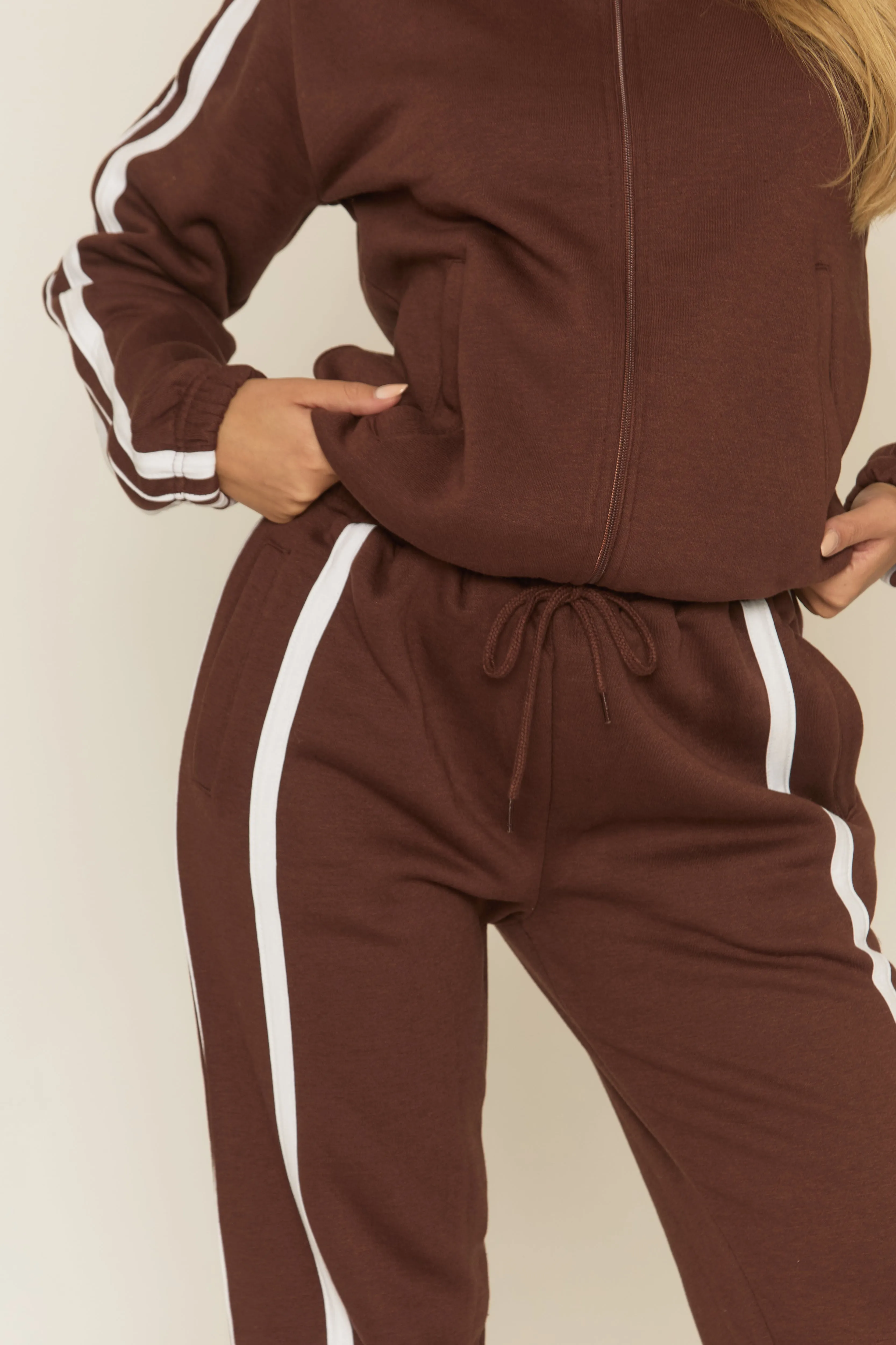 Chocolate Contrast Stripe Jacket and Joggers Loungewear Co-ord Set - Denika sold by Rebellious Fashion product image thumbnail 4