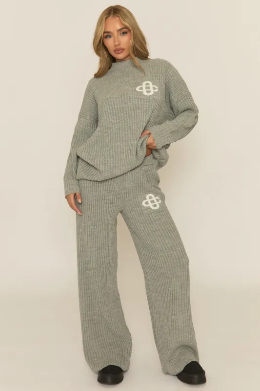 Grey Contrast Motif Ribbed Knit Loungewear Set - Ammae sold by Rebellious Fashion