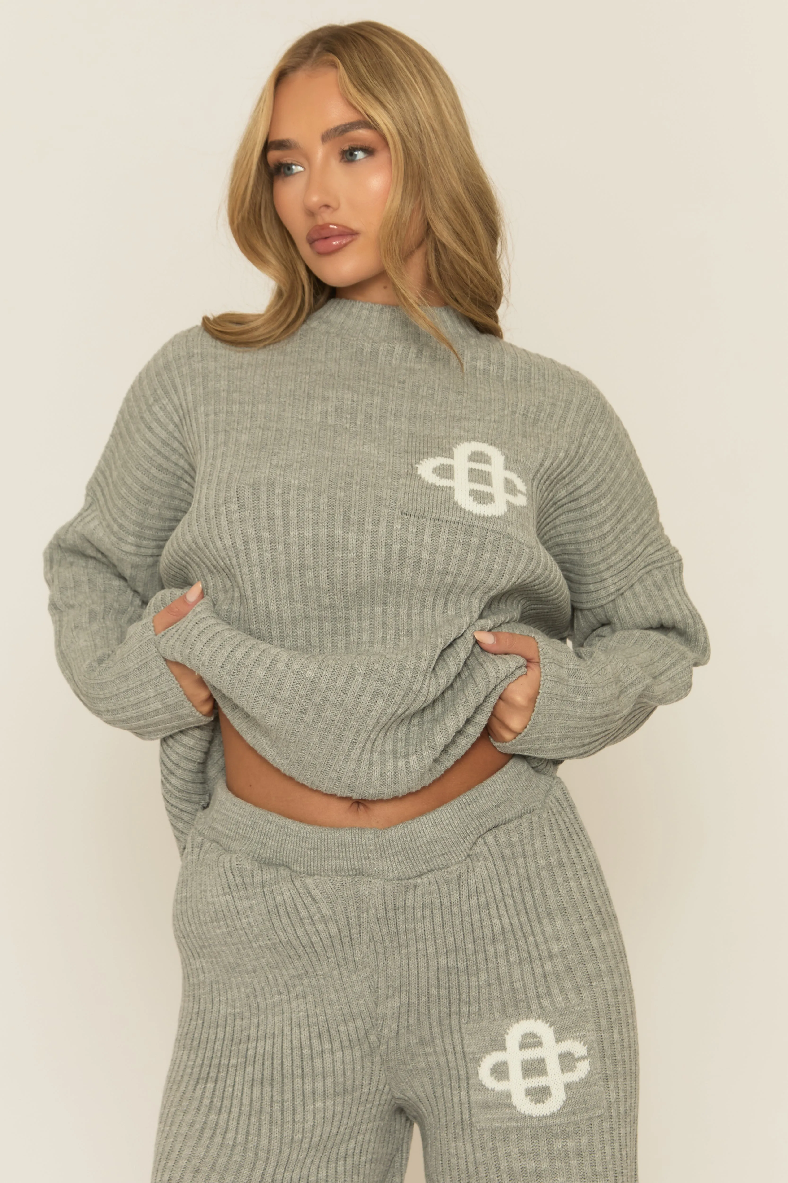 Grey Contrast Motif Ribbed Knit Loungewear Co-ord Set - Ammae sold by Rebellious Fashion product image thumbnail 3