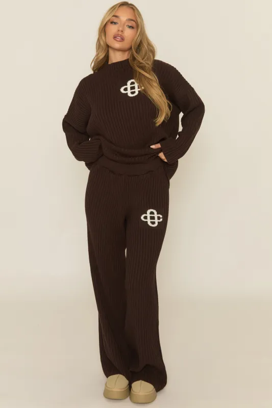 Chocolate Contrast Motif Ribbed Knit Loungewear Co-ord Set - Ammae sold by Rebellious Fashion