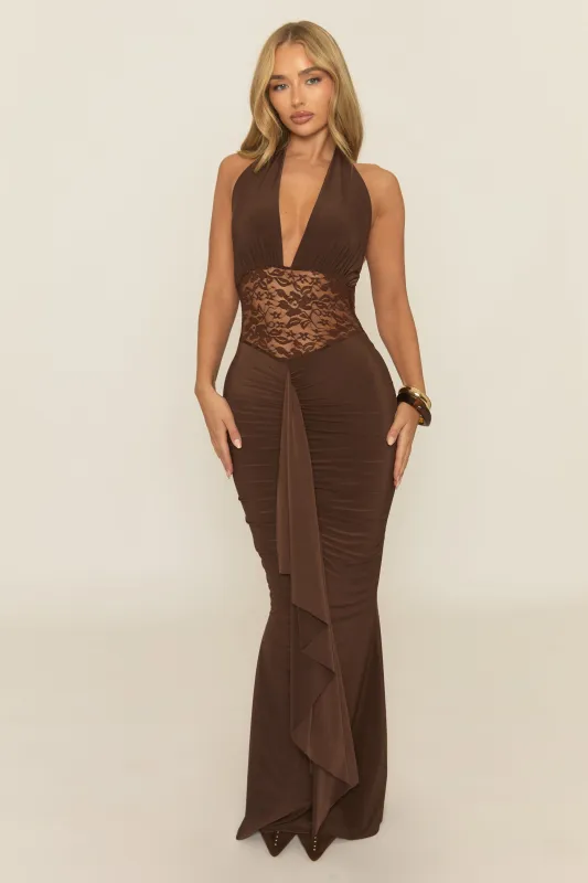 Chocolate Plunge Neck Lace Insert Maxi Dress - Minal sold by Rebellious Fashion