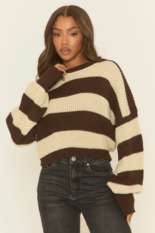 Beige Stripe Cropped Knit Oversized Jumper - Ciara sold by Rebellious Fashion