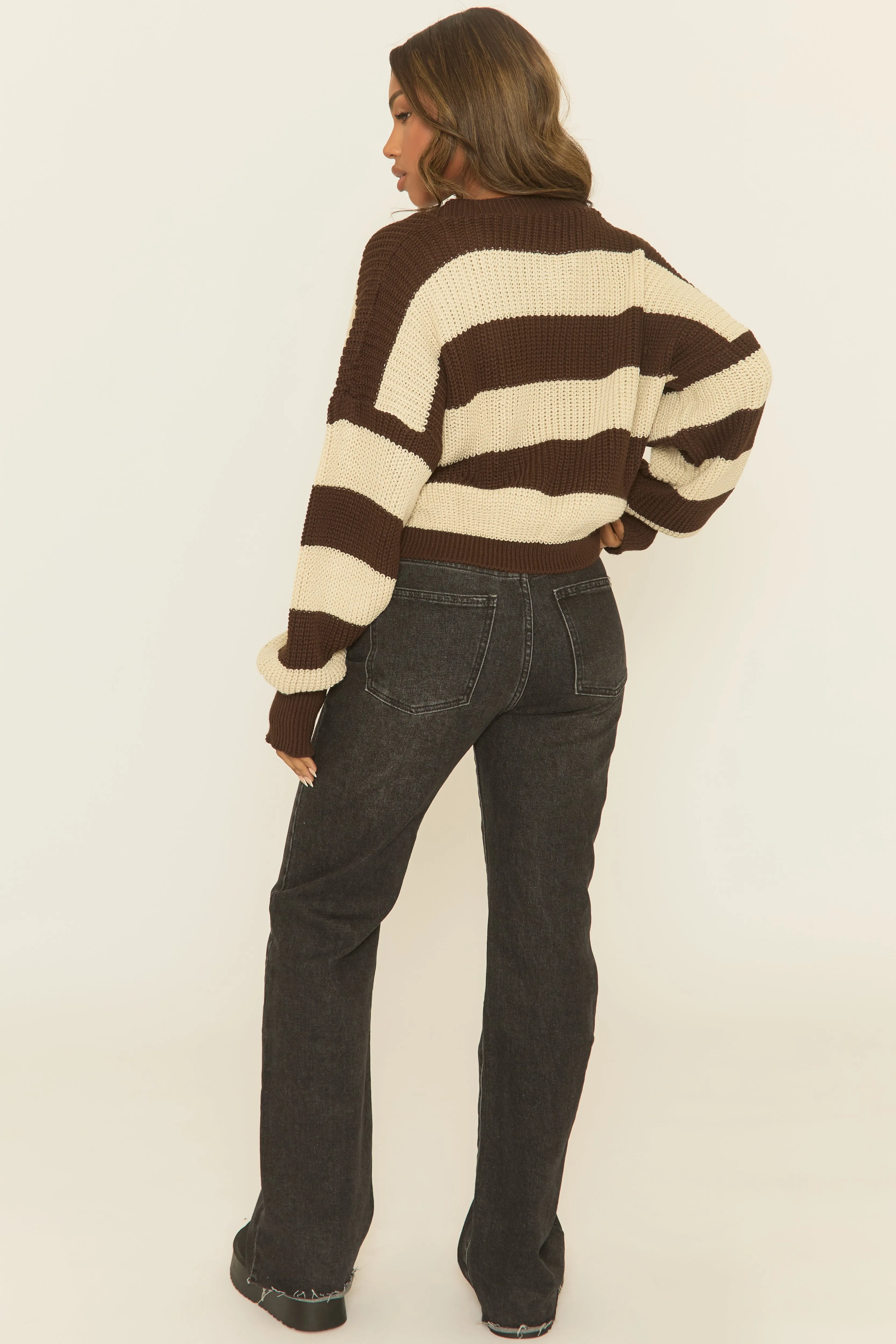 Beige Stripe Cropped Knit Oversized Jumper - Ciara sold by Rebellious Fashion product image thumbnail 5