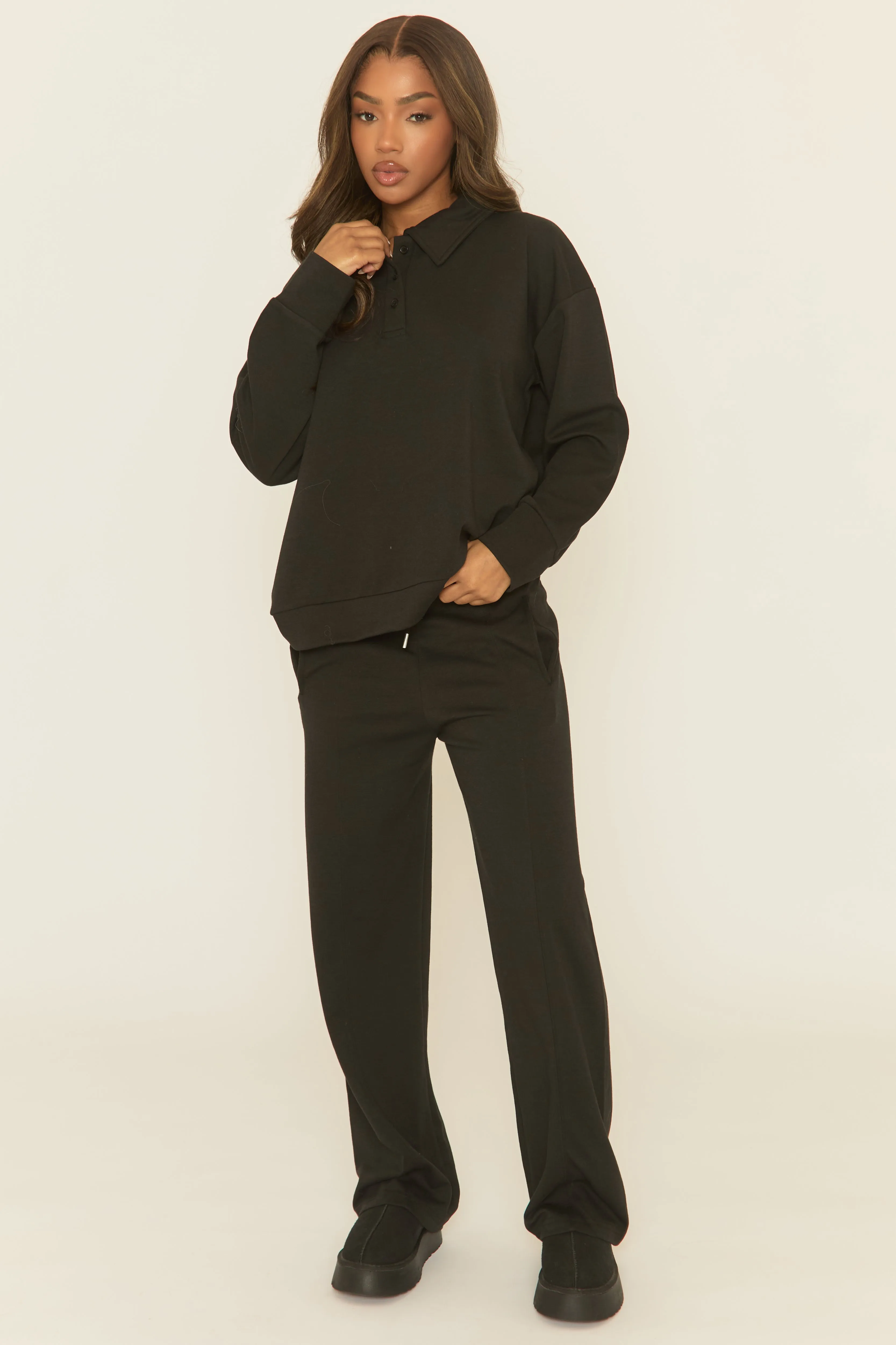 Black Polo Collared Loungewear Co-ord Set - Madisyn sold by Rebellious Fashion