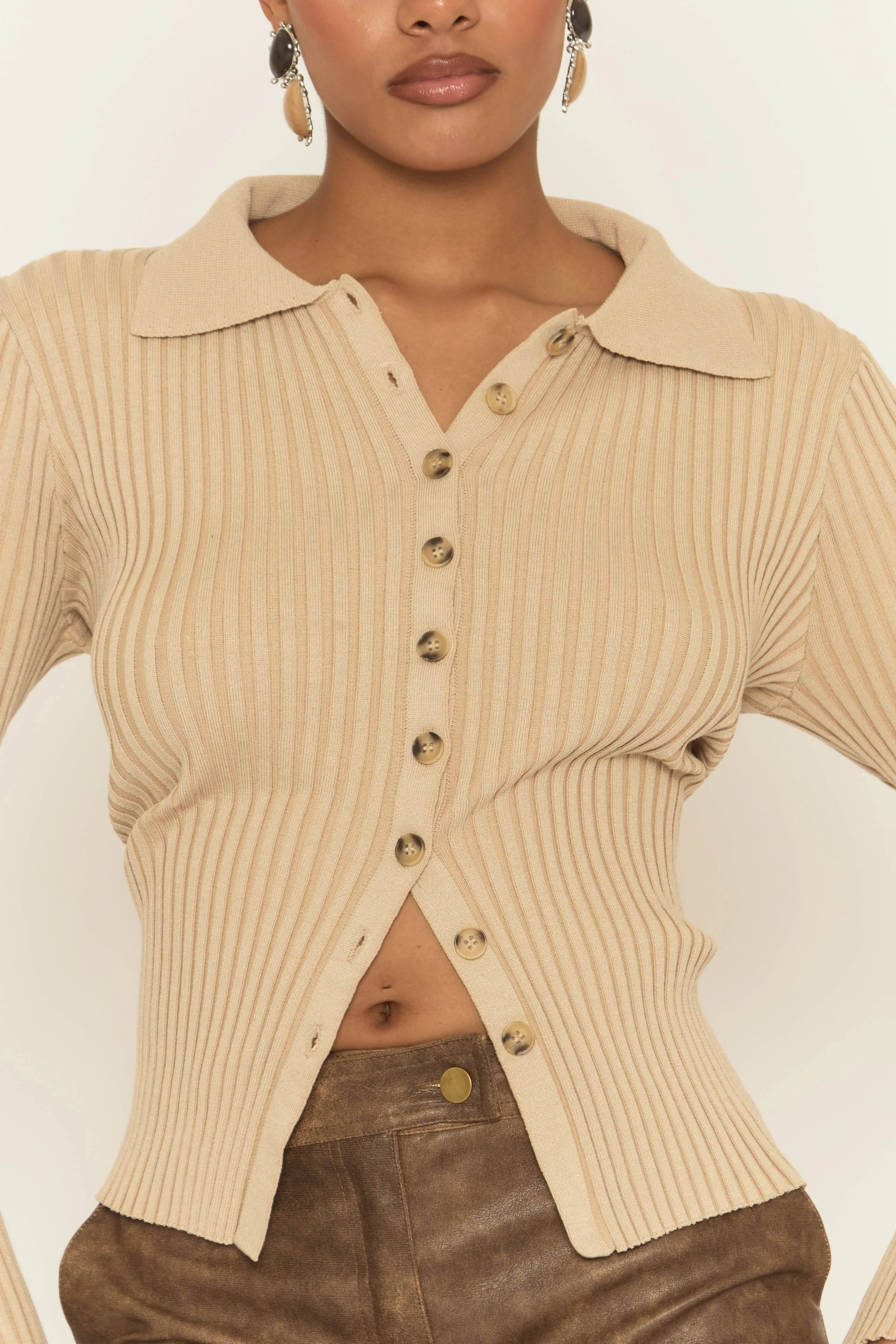 Camel Button Up Rib Knit Cardigan - Ferne sold by Rebellious Fashion product image thumbnail 4