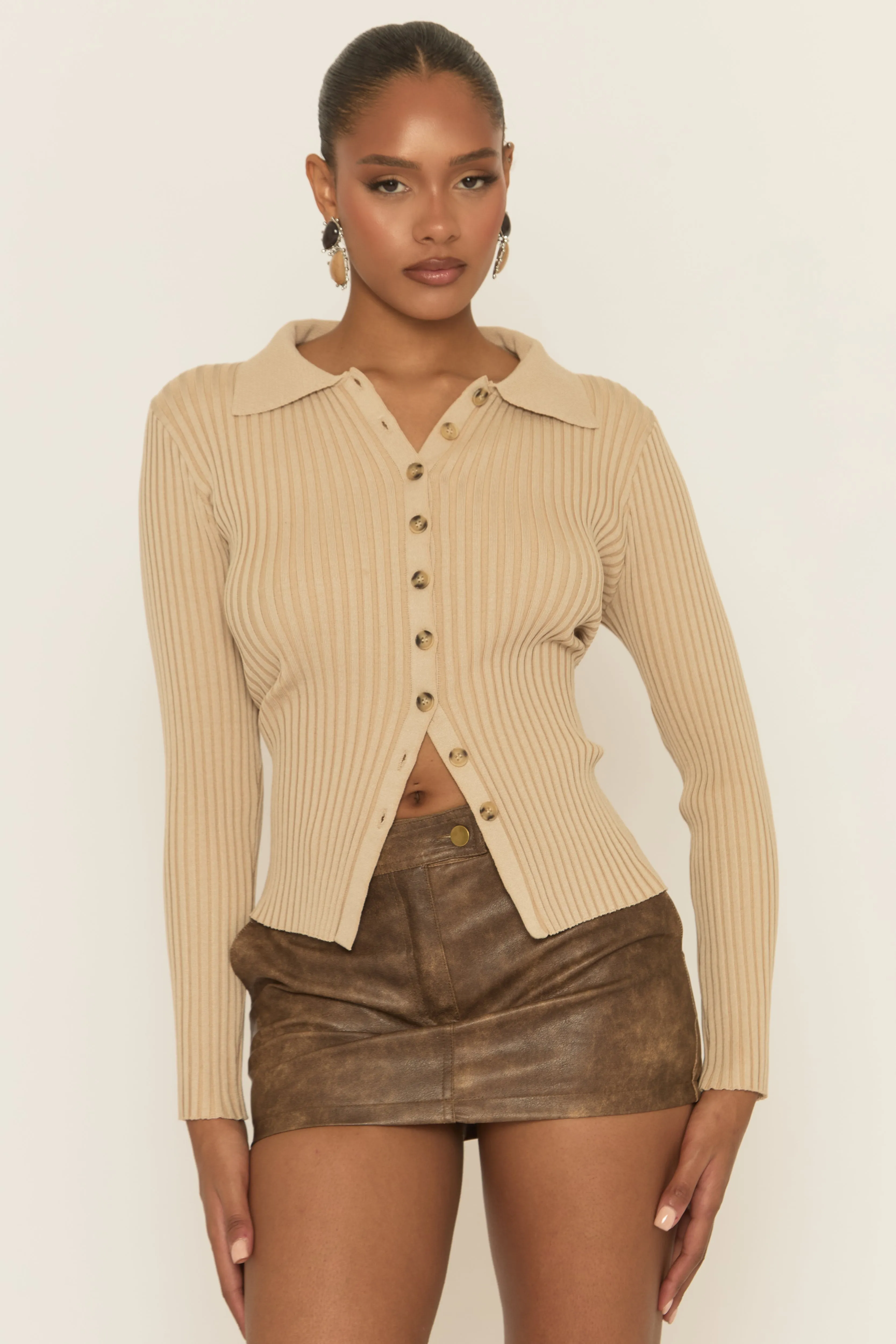 Camel Button Up Rib Knit Cardigan - Ferne sold by Rebellious Fashion product image thumbnail 3