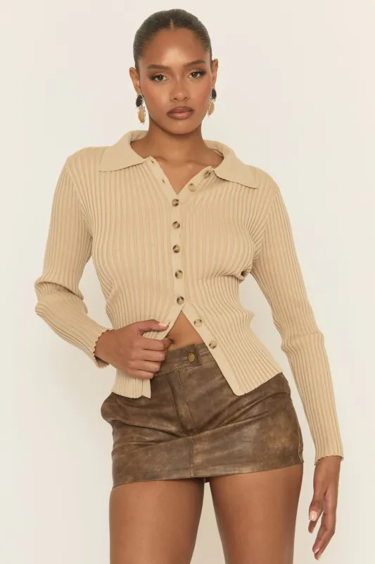 Camel Button Up Rib Knit Cardigan - Ferne sold by Rebellious Fashion