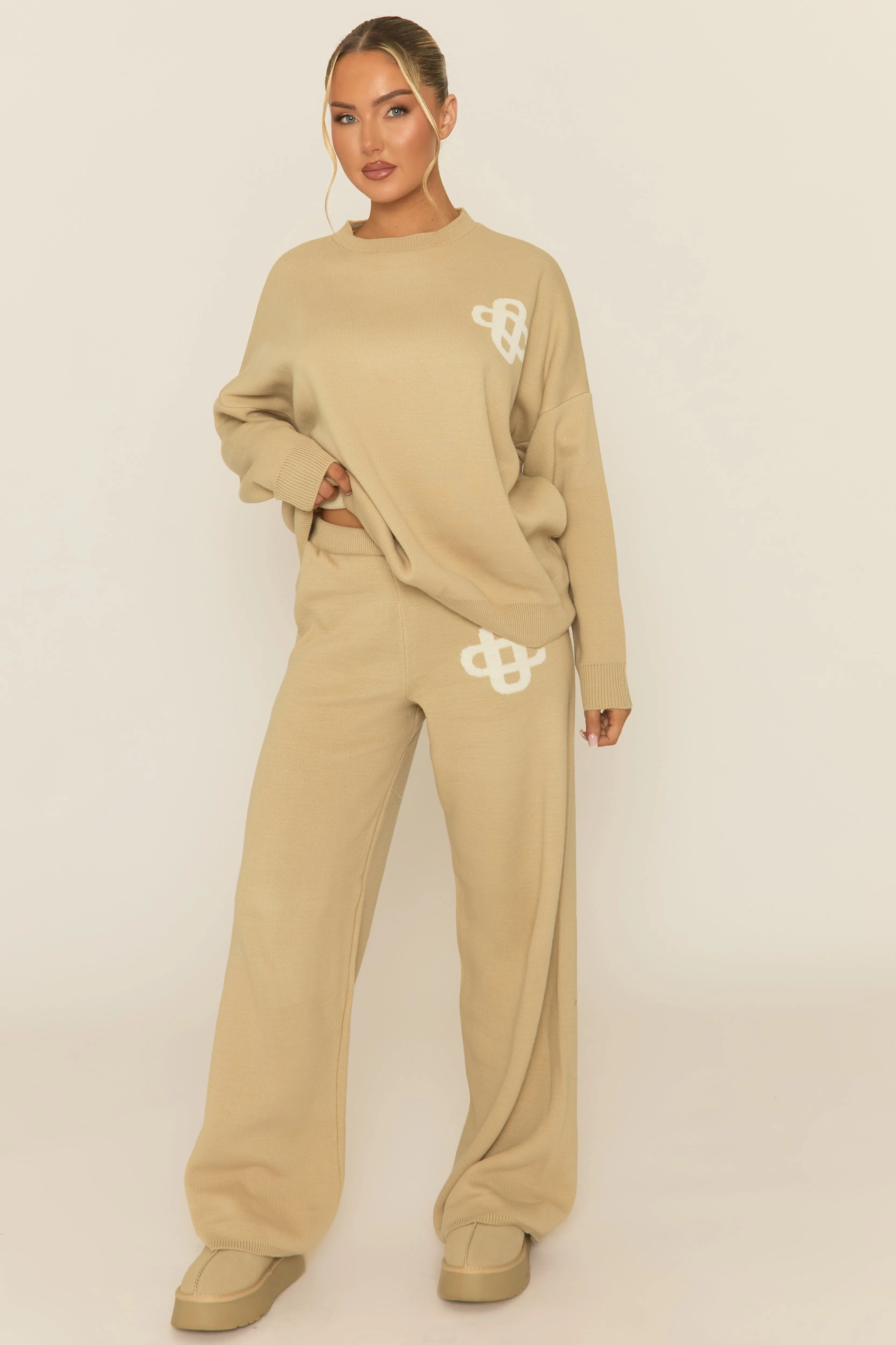 Beige Contrast Motif Knit Loungewear Co-ord Set - Regan sold by Rebellious Fashion product image thumbnail 2