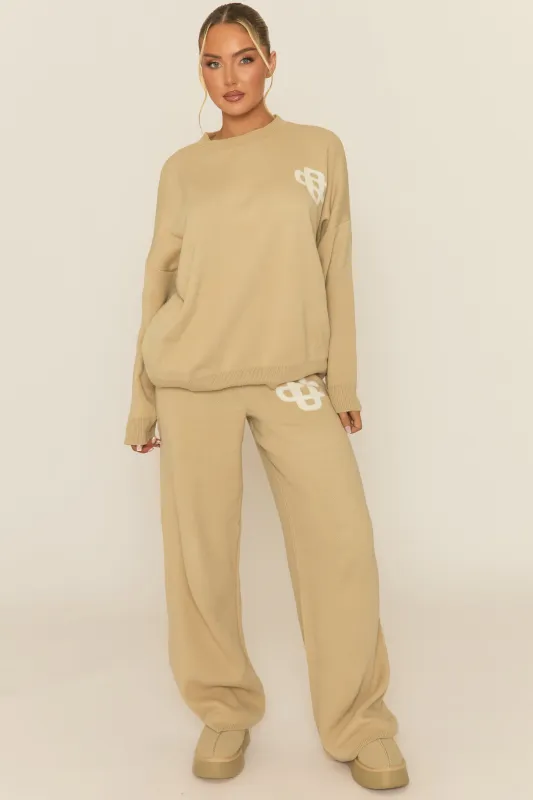Beige Contrast Motif Knit Loungewear Co-ord Set - Regan sold by Rebellious Fashion
