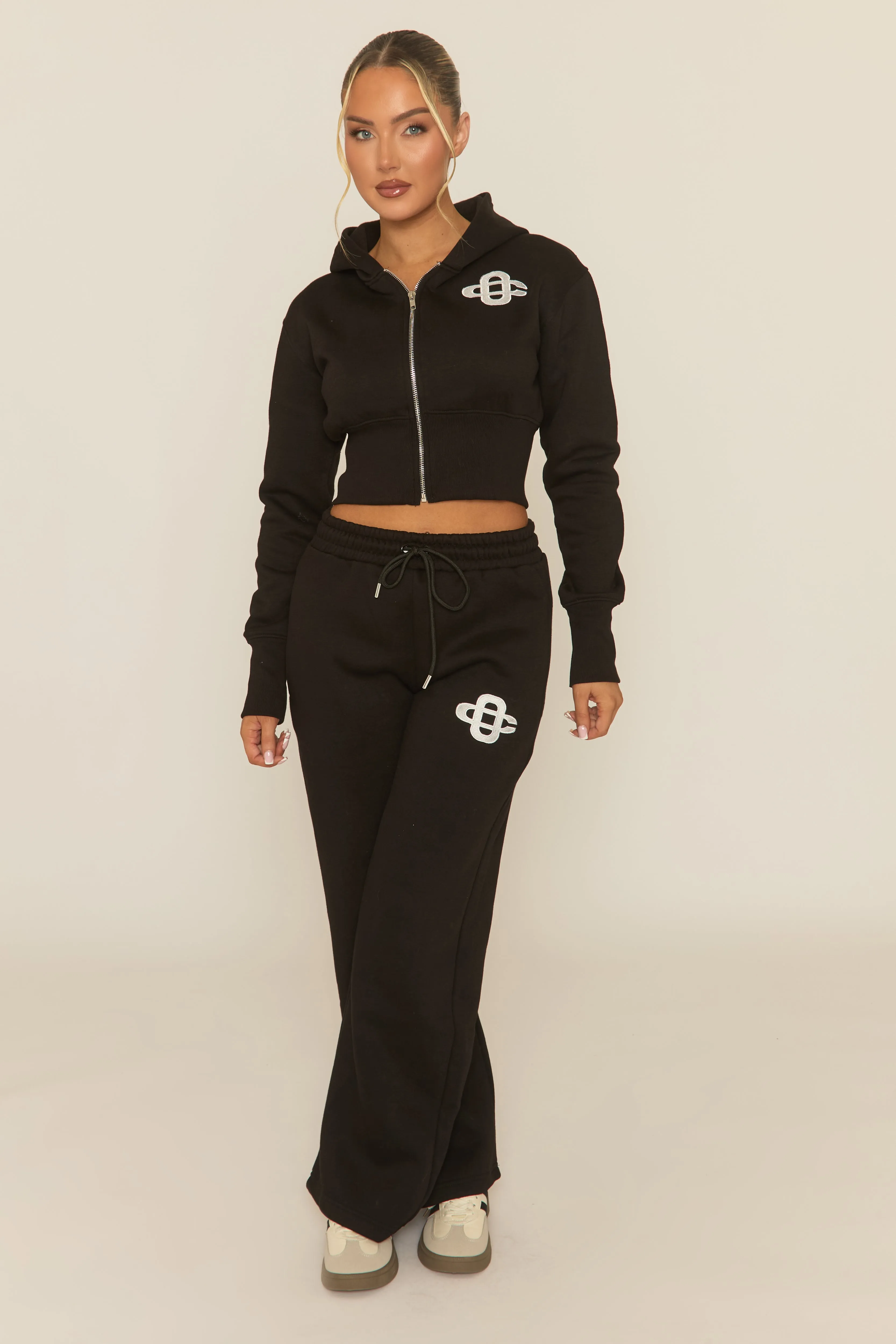 Black Contrast Motif Cropped Hoodie and Joggers Loungewear Set - Sameen sold by Rebellious Fashion
