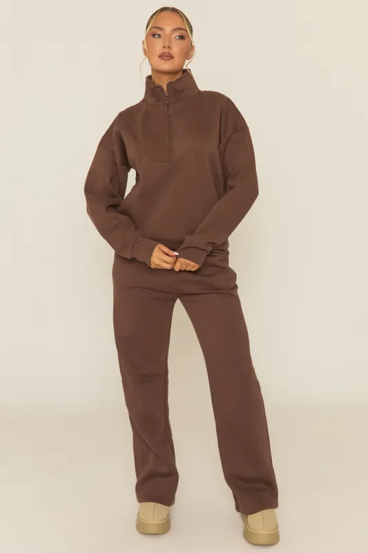 Chocolate Oversized Quarter Zip Sweater and Joggers Loungewear Co-ord Set - Kristie sold by Rebellious Fashion