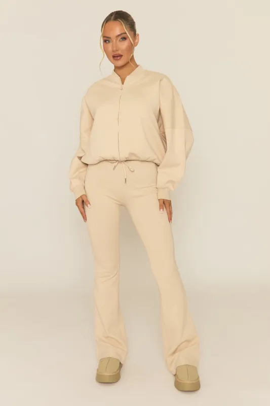 Beige Zip Front Bomber And Flare Joggers Loungewear Co-ord Set - Lonie sold by Rebellious Fashion