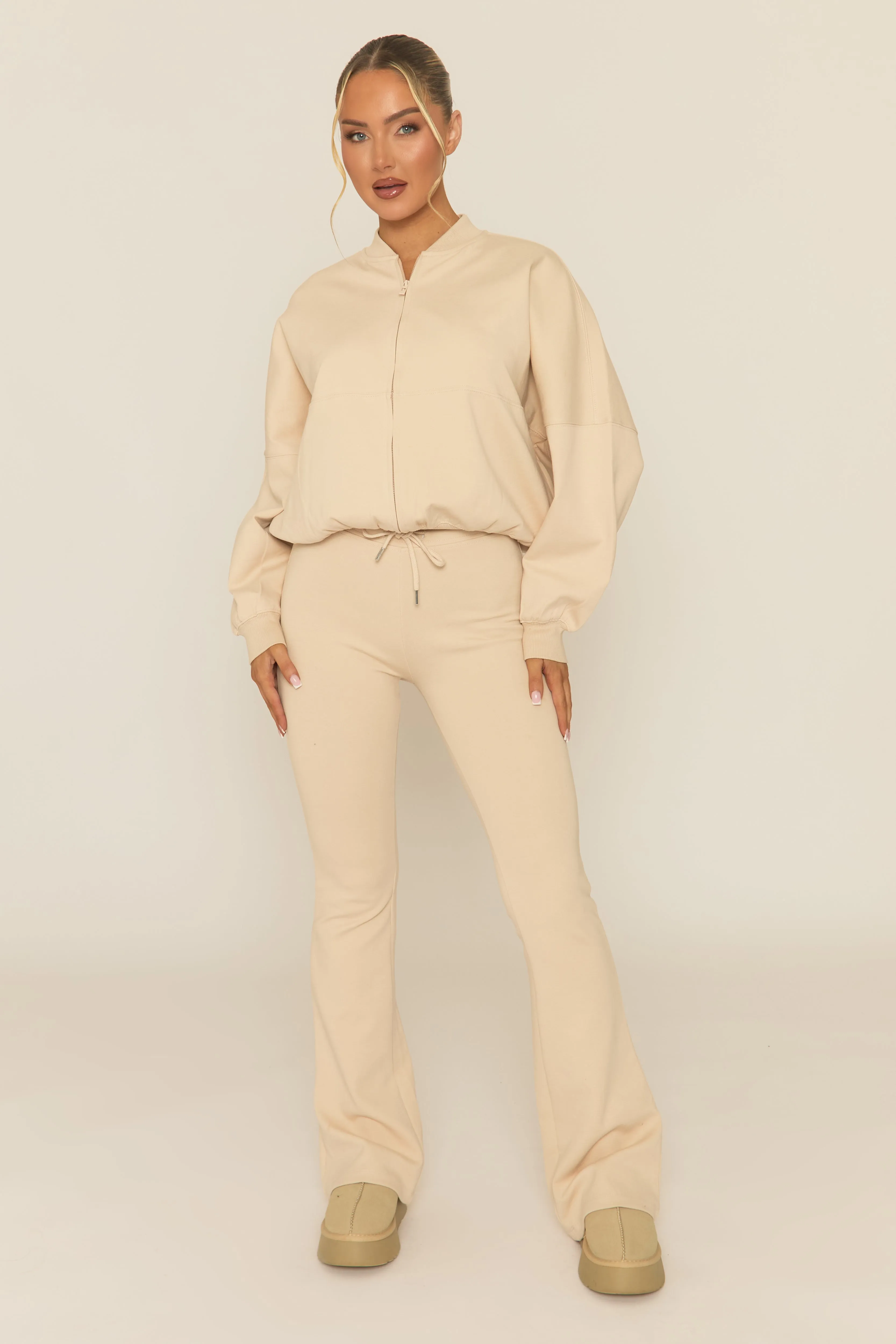 Beige Zip Front Bomber And Flare Joggers Loungewear Co-ord Set - Lonie sold by Rebellious Fashion