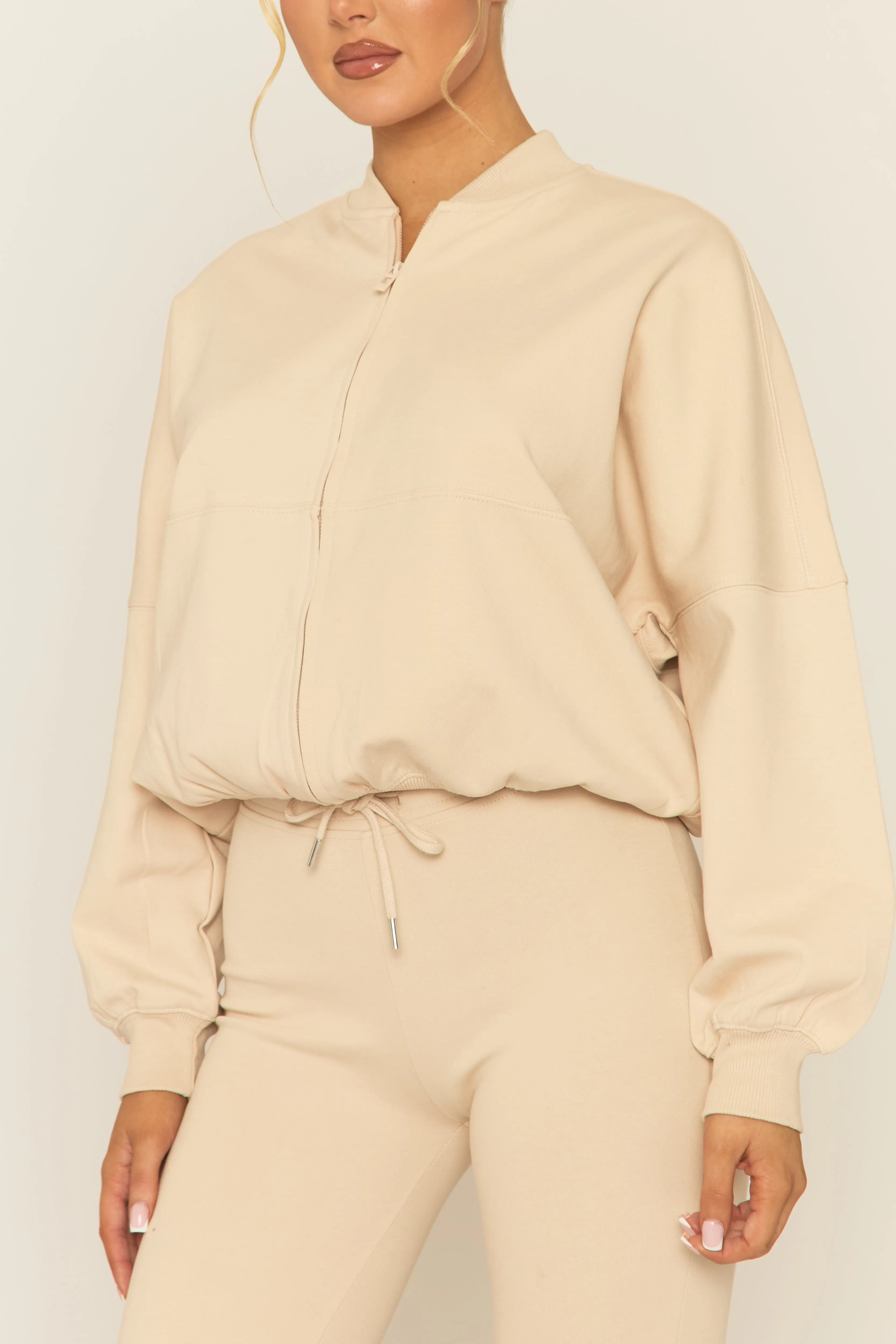 Beige Zip Front Bomber And Flare Joggers Loungewear Co-ord Set - Lonie sold by Rebellious Fashion product image thumbnail 3