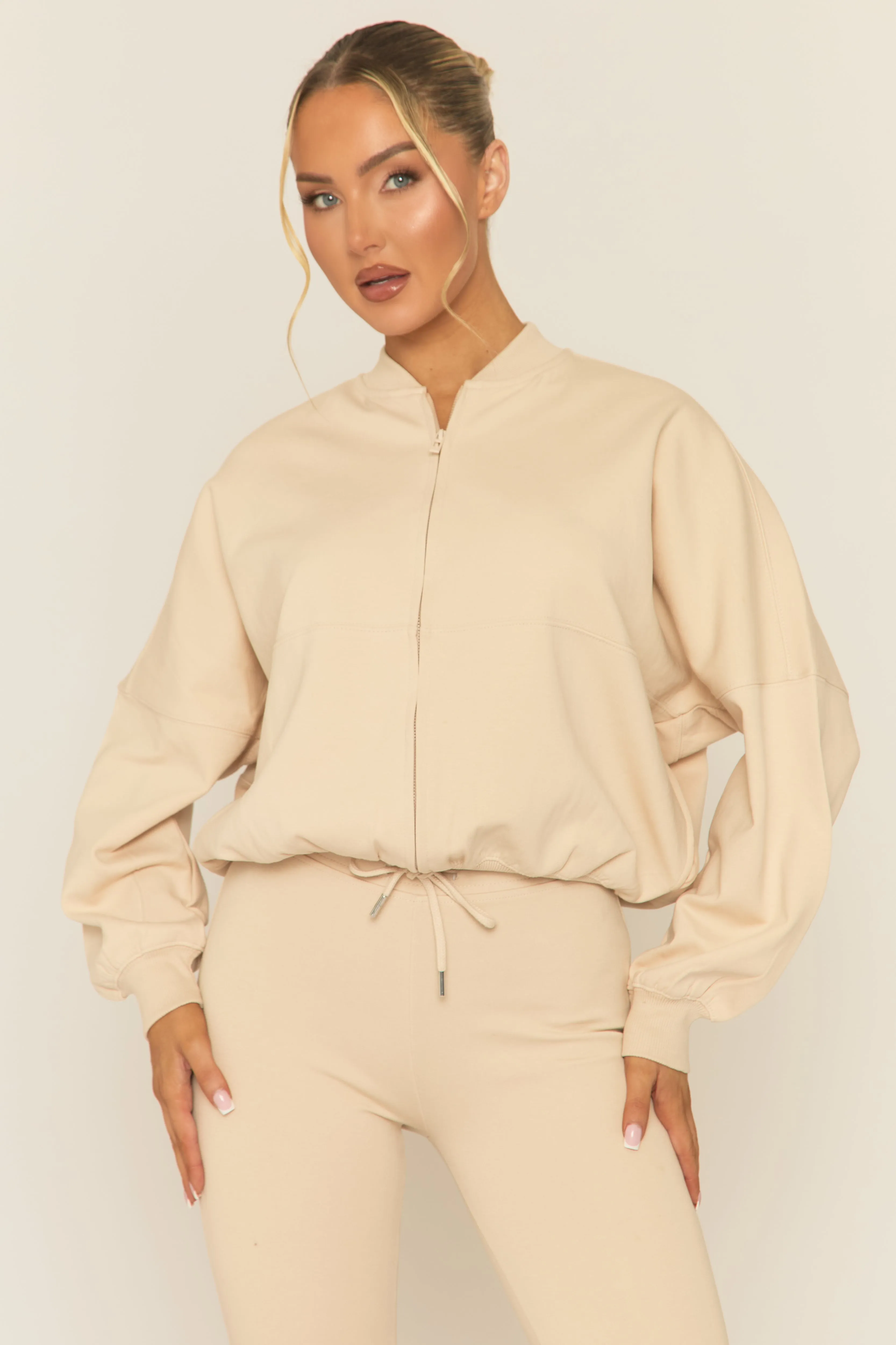 Beige Zip Front Bomber And Flare Joggers Loungewear Co-ord Set - Lonie sold by Rebellious Fashion product image thumbnail 4