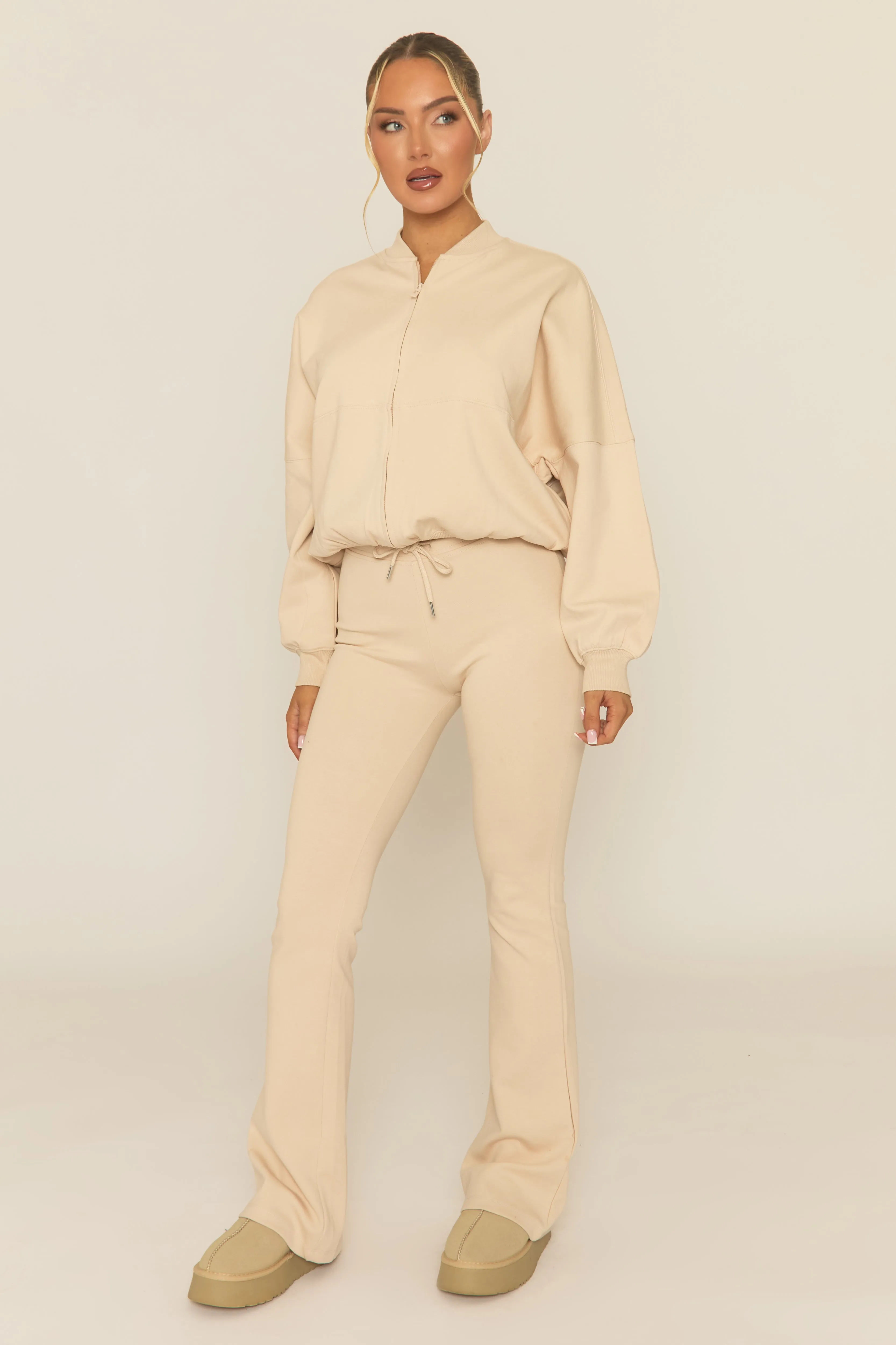 Beige Zip Front Bomber And Flare Joggers Loungewear Co-ord Set - Lonie sold by Rebellious Fashion product image thumbnail 2