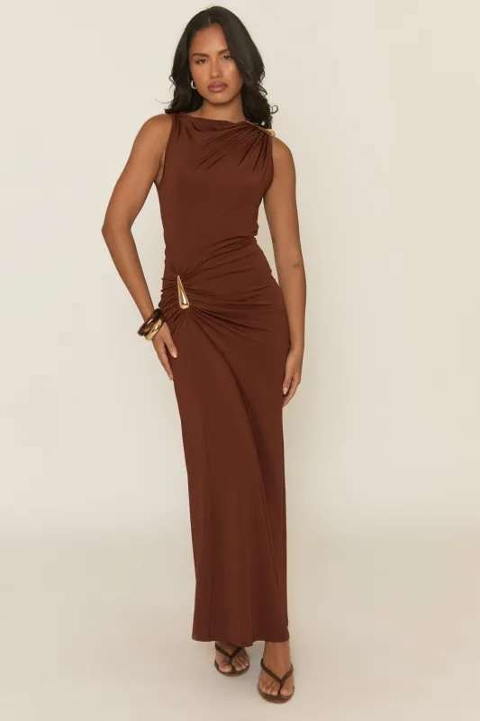 Chocolate Gold Trim Maxi Dress - Tonya sold by Rebellious Fashion