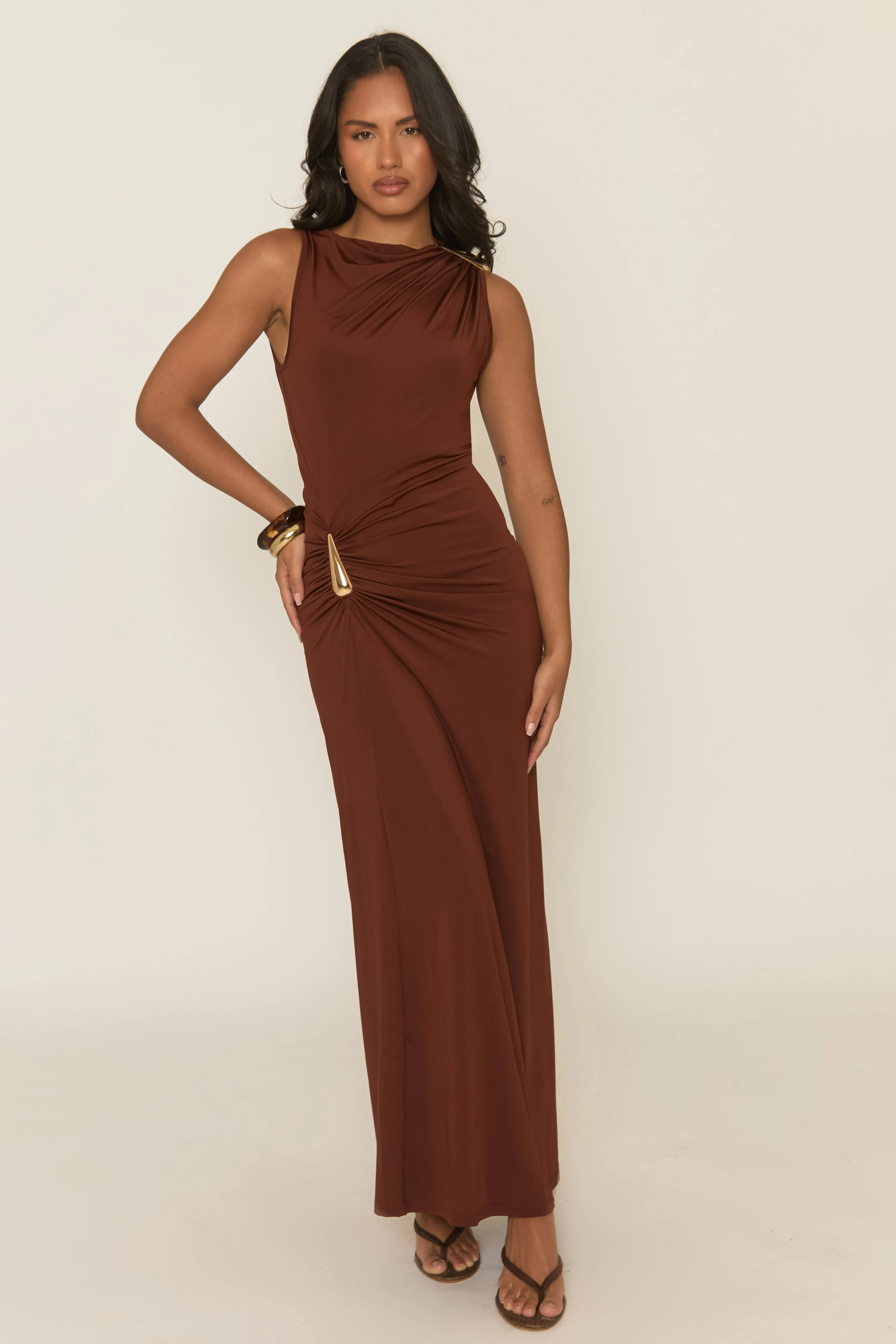 Chocolate Gold Trim Maxi Dress - Tonya sold by Rebellious Fashion product image thumbnail 2