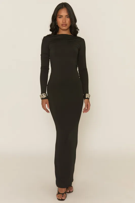 Black Low Back Ruched Maxi Dress - Marlea sold by Rebellious Fashion