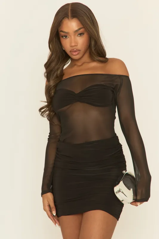 Black Mesh Gathered Bust Bardot Mini Dress - Orleen sold by Rebellious Fashion