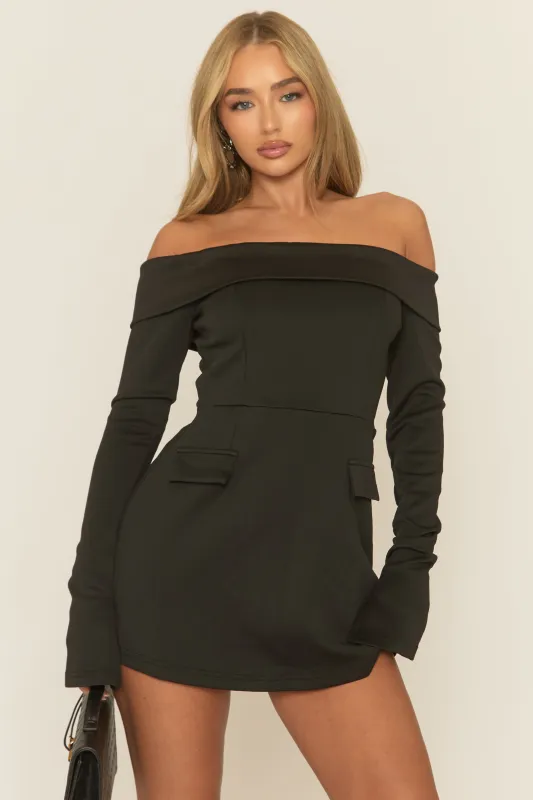 Black Bardot Tailored Mini Dress - Amellie sold by Rebellious Fashion
