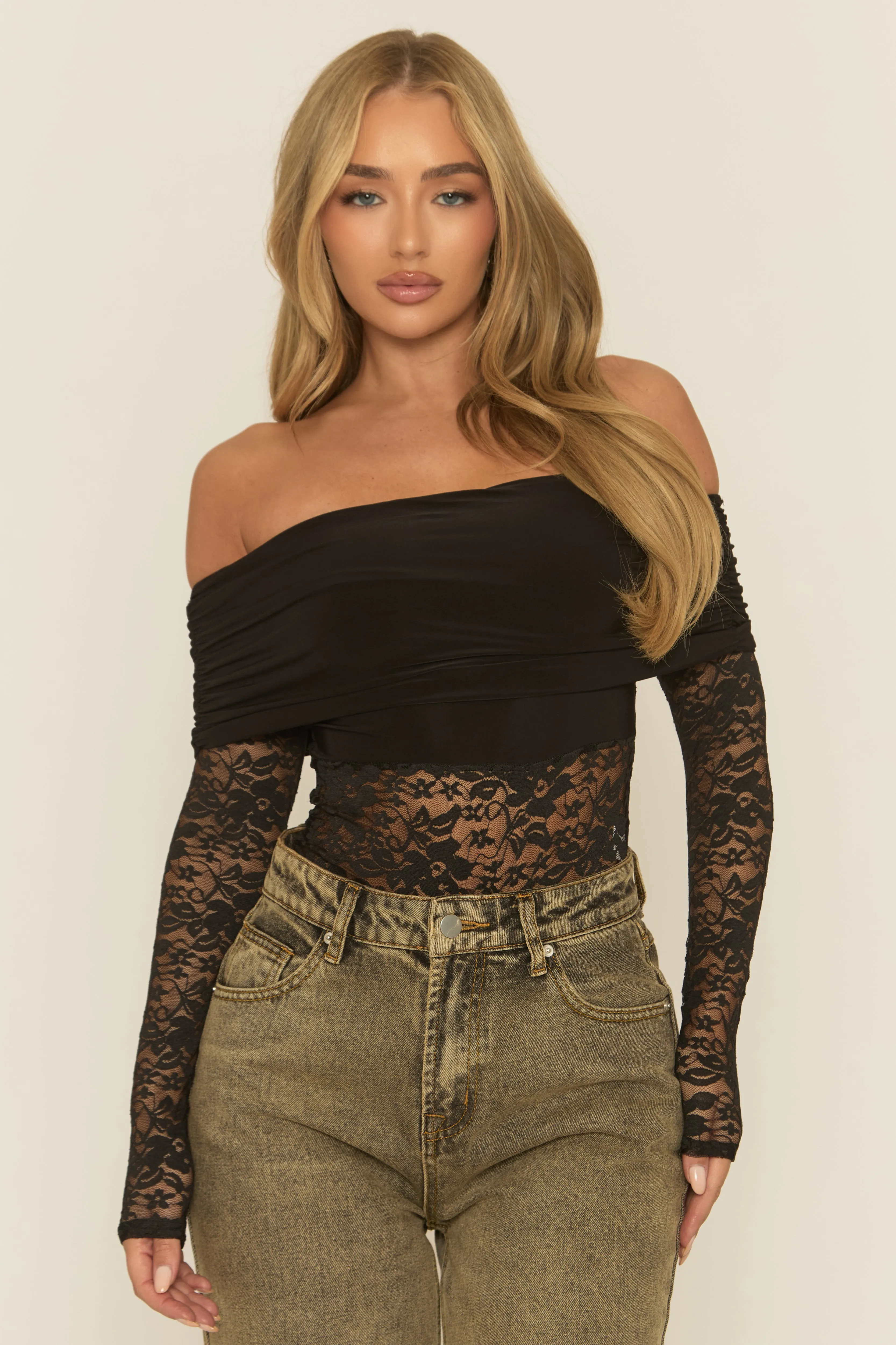 Black Lace Bardot Bodysuit - Leasha sold by Rebellious Fashion product image thumbnail 3
