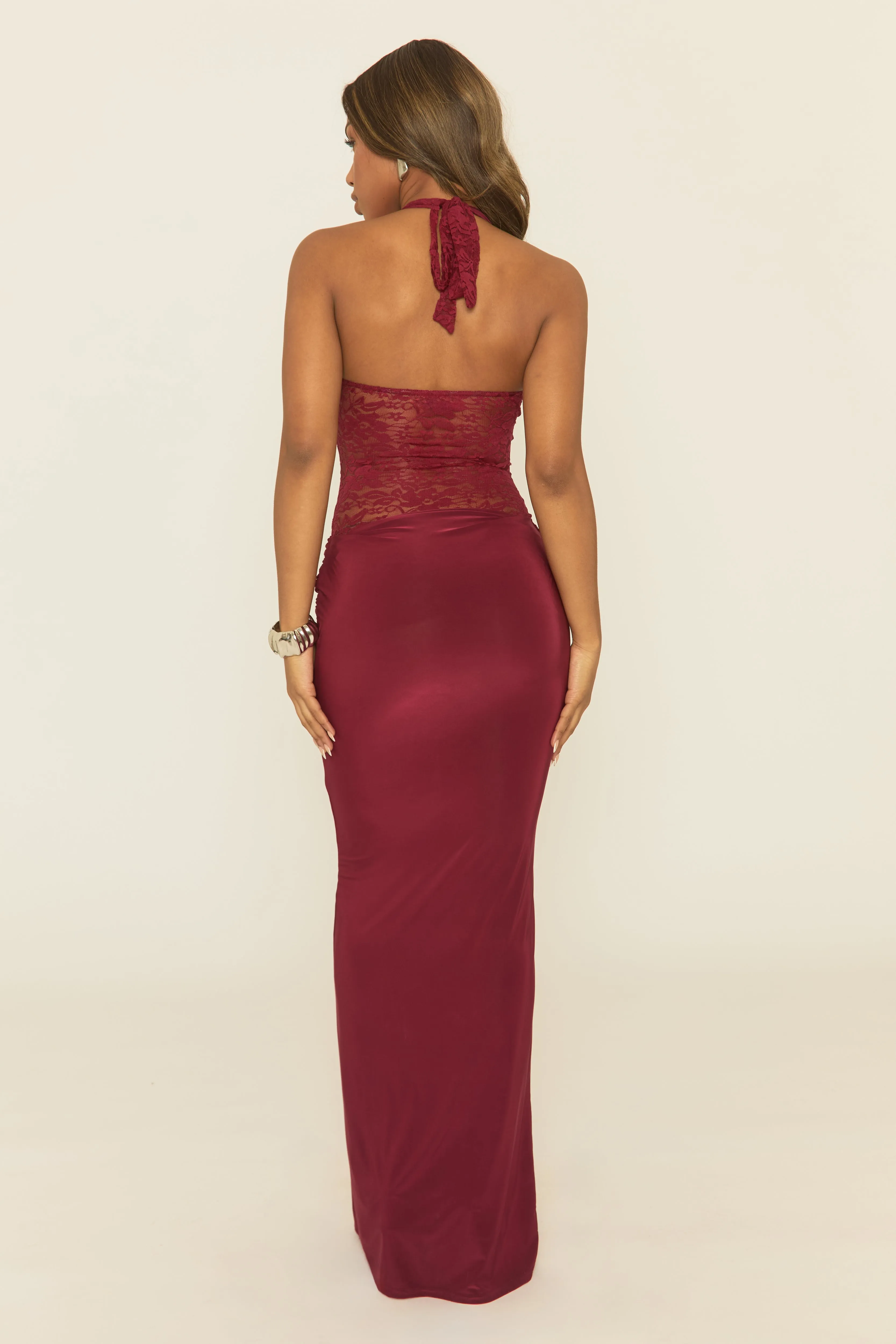 Wine Lace Plunge Halterneck Maxi Dress - Melek sold by Rebellious Fashion product image thumbnail 5