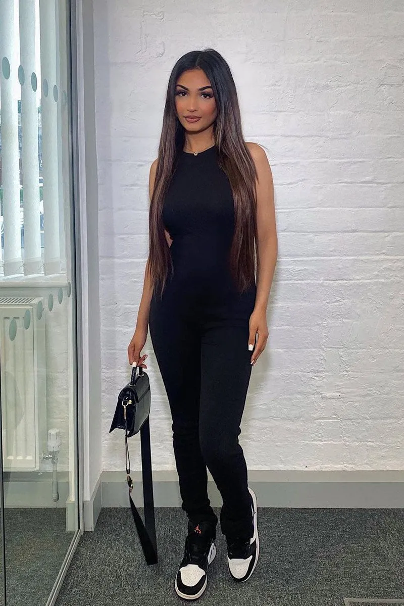 Black Ribbed Racer Neckline Jumpsuit - Kila sold by Rebellious Fashion product image thumbnail 4