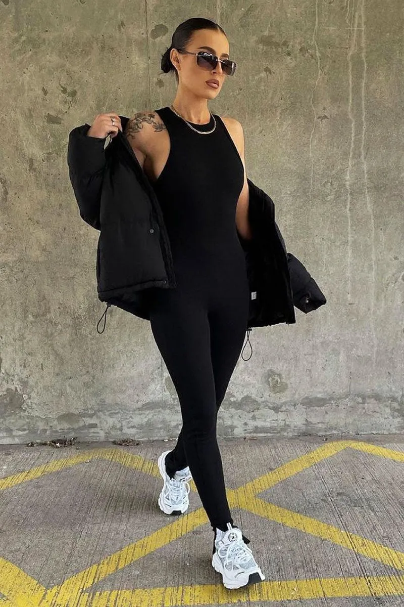 Black Ribbed Racer Neckline Jumpsuit - Kila sold by Rebellious Fashion