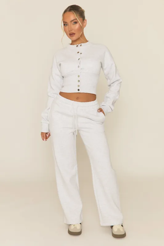Bleach Grey Popper Front Cinched Waist Sweatshirt and Wide Leg Trousers Loungewear Co-ord Set - Neelam sold by Rebellious Fashion