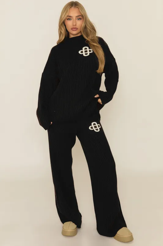 Black Contrast Motif Ribbed Knit Loungewear Co-ord Set - Ammae sold by Rebellious Fashion