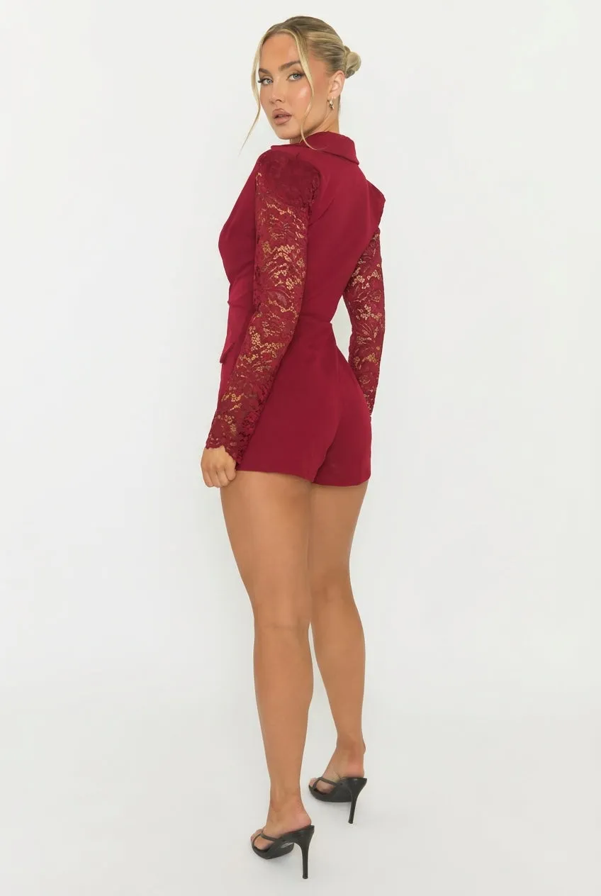 Wine Lace Sleeve Tailored Blazer Playsuit - Maisee sold by Rebellious Fashion product image thumbnail 3