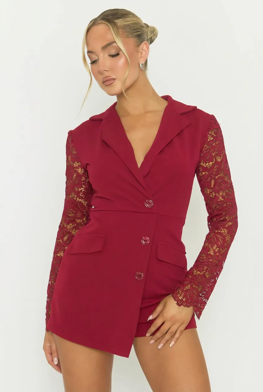 Wine Lace Sleeve Tailored Blazer Playsuit - Maisee sold by Rebellious Fashion product image thumbnail 2