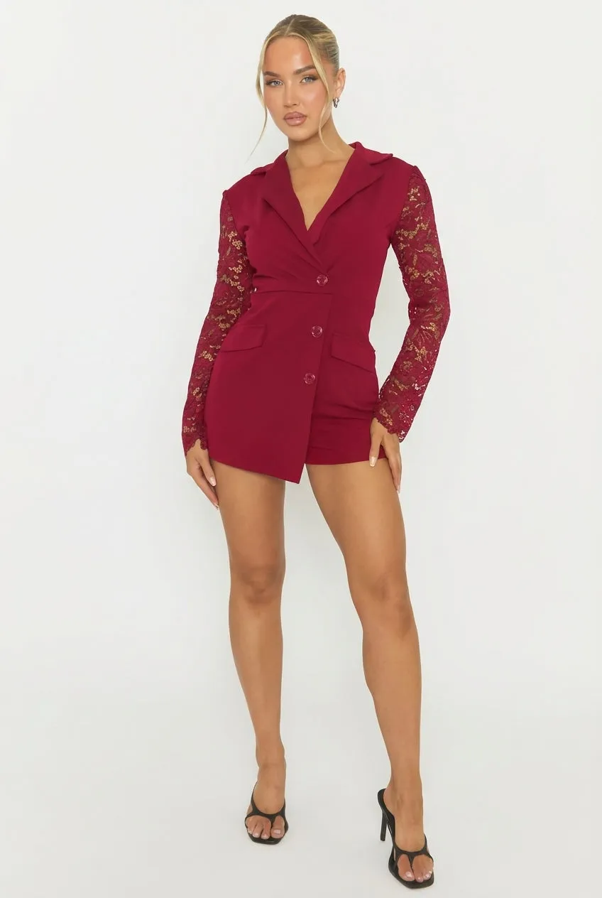 Wine Lace Sleeve Tailored Blazer Playsuit - Maisee sold by Rebellious Fashion product image thumbnail 4