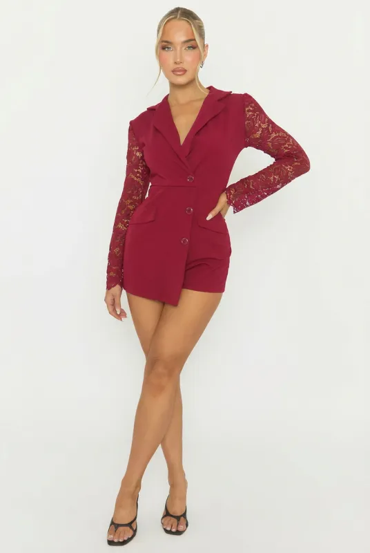 Wine Lace Sleeve Tailored Blazer Playsuit - Maisee made by Rebellious Fashion