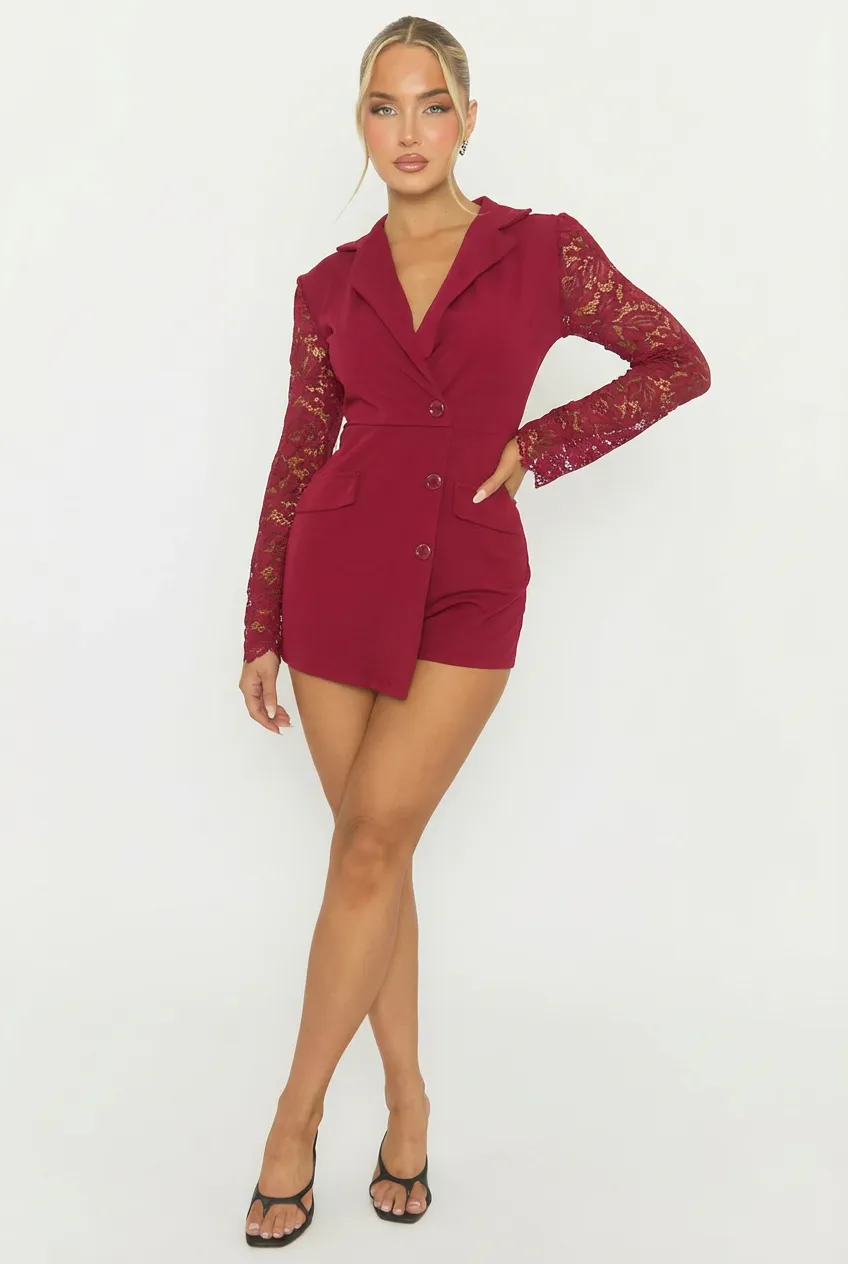 Wine Lace Sleeve Tailored Blazer Playsuit - Maisee sold by Rebellious Fashion