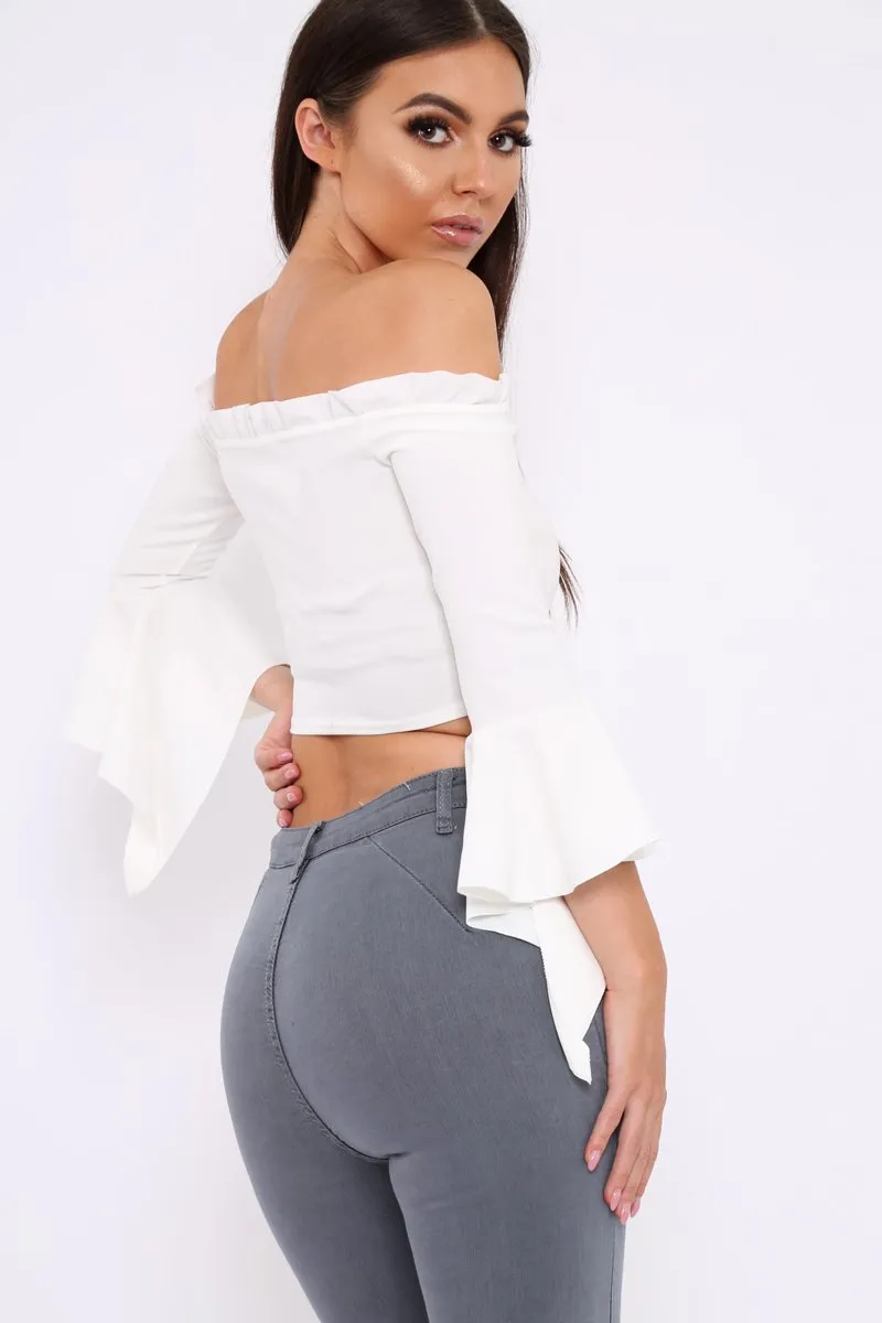 White Bardot Frill Crop Top with Flared Sleeves - Tiffy sold by Rebellious Fashion product image thumbnail 4