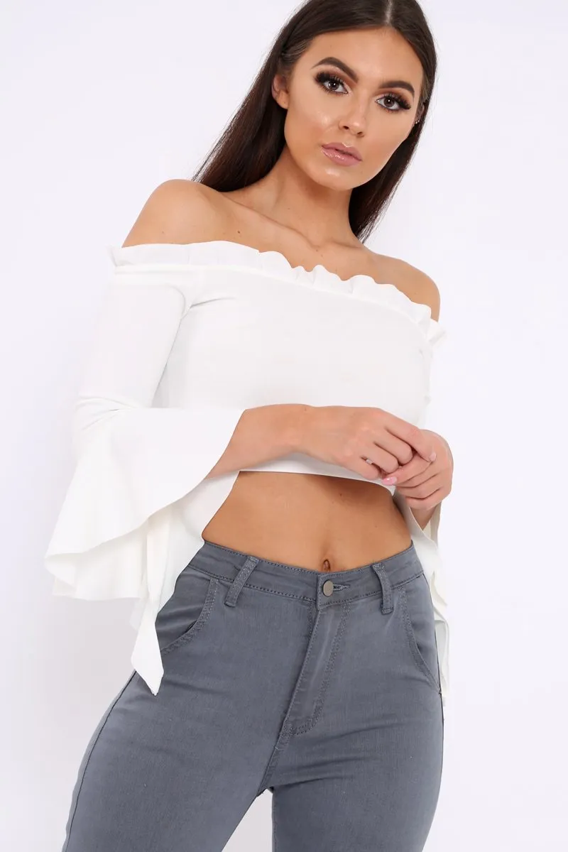 White Bardot Frill Crop Top with Flared Sleeves - Tiffy sold by Rebellious Fashion