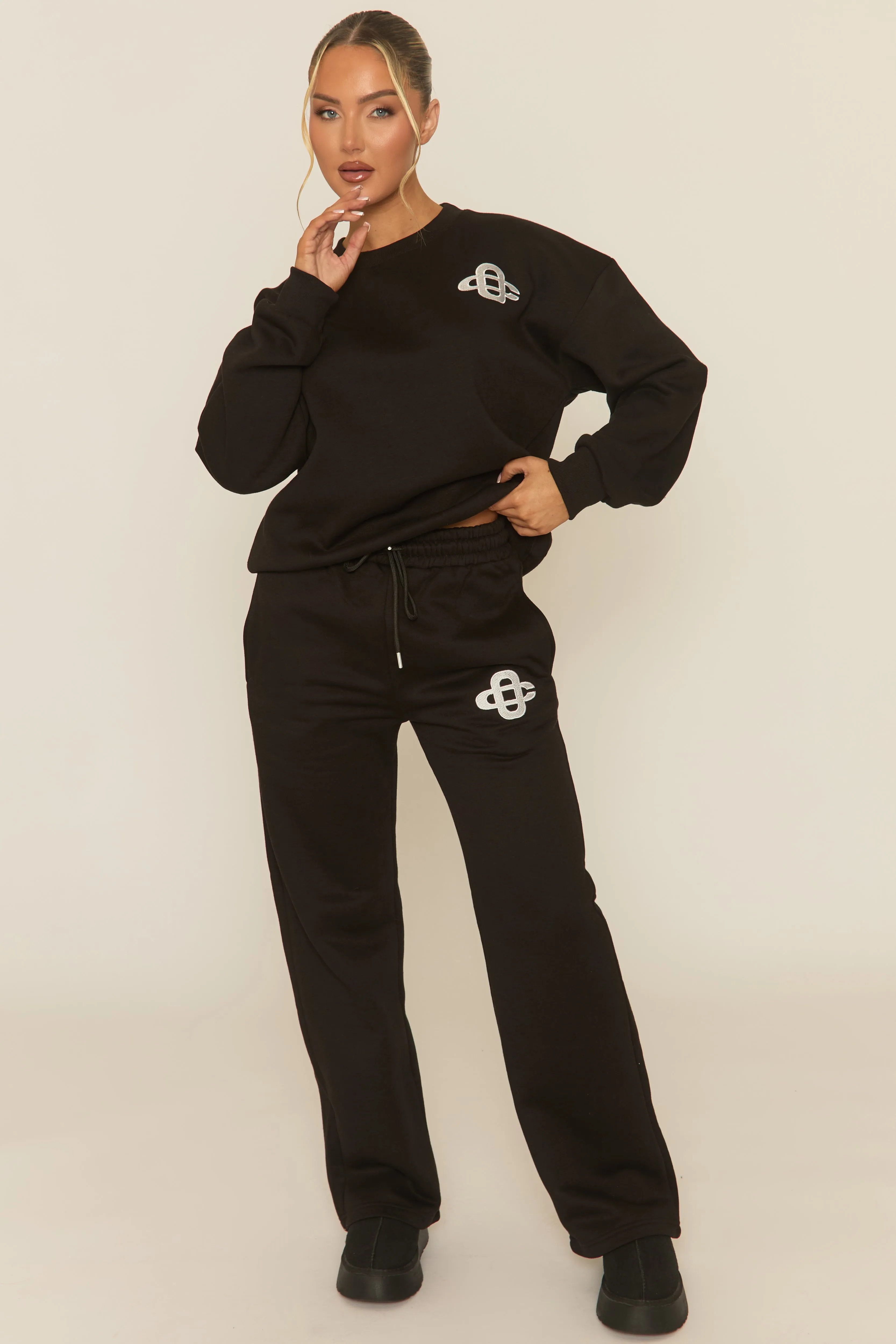 Black Contrast Motif Jumper and Joggers Loungewear Co-ord Set - Oleen sold by Rebellious Fashion product image thumbnail 2