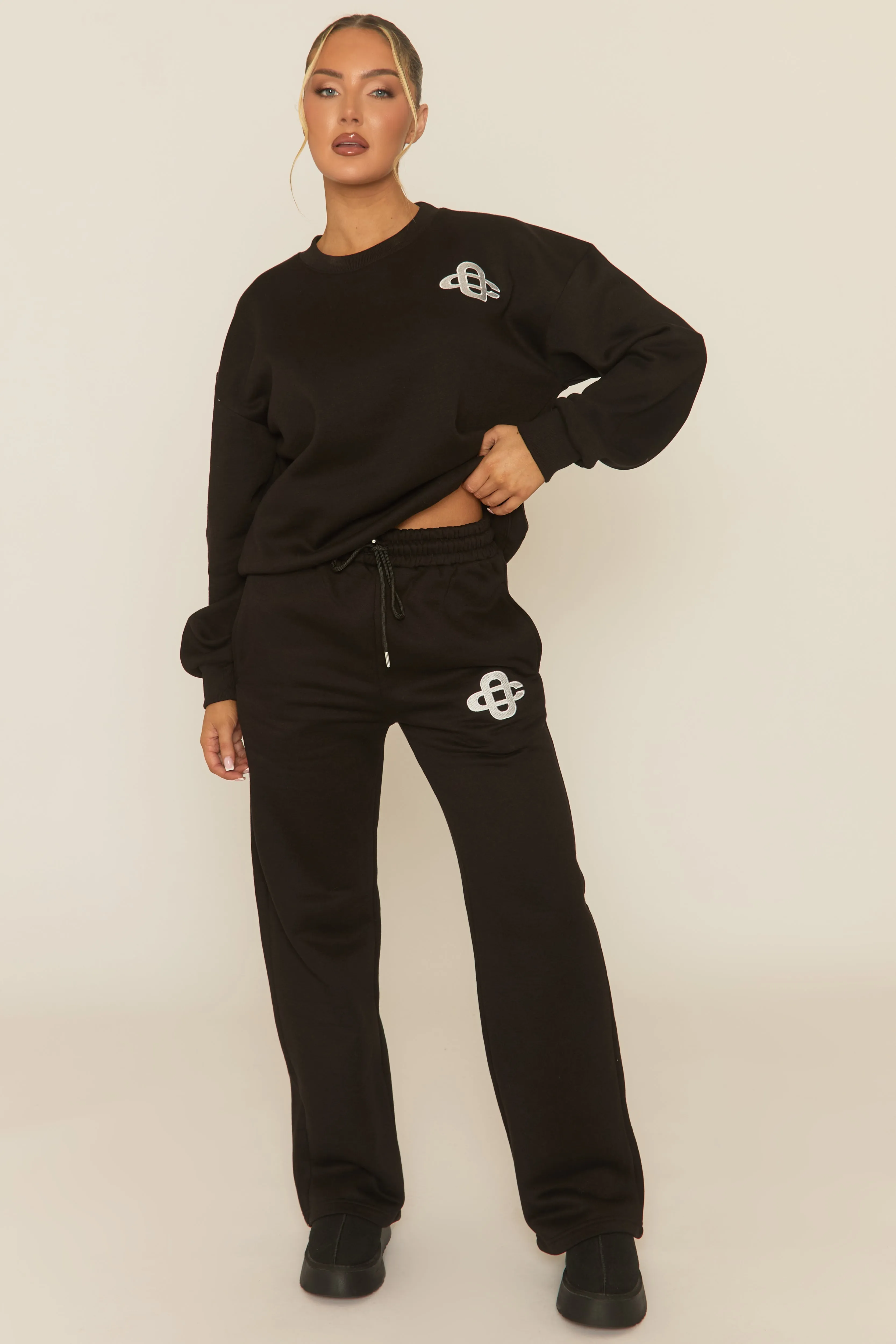 Black Contrast Motif Jumper and Joggers Loungewear Co-ord Set - Oleen sold by Rebellious Fashion product image thumbnail 3