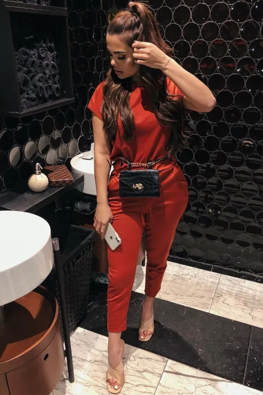 Rust Short Sleeve Crop Jogger Loungewear Set - Aarian sold by Rebellious Fashion