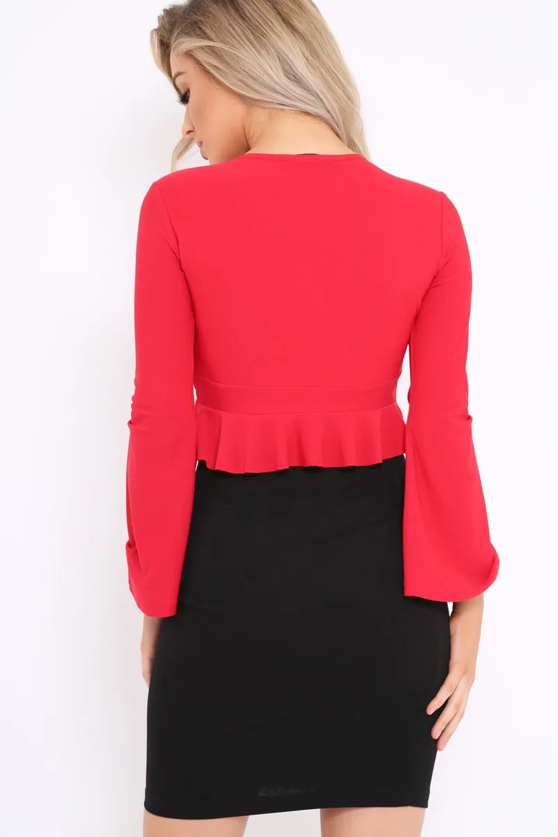 Red Plunge Flare Sleeve Crop Top with Frill Hem - Masie sold by Rebellious Fashion product image thumbnail 4