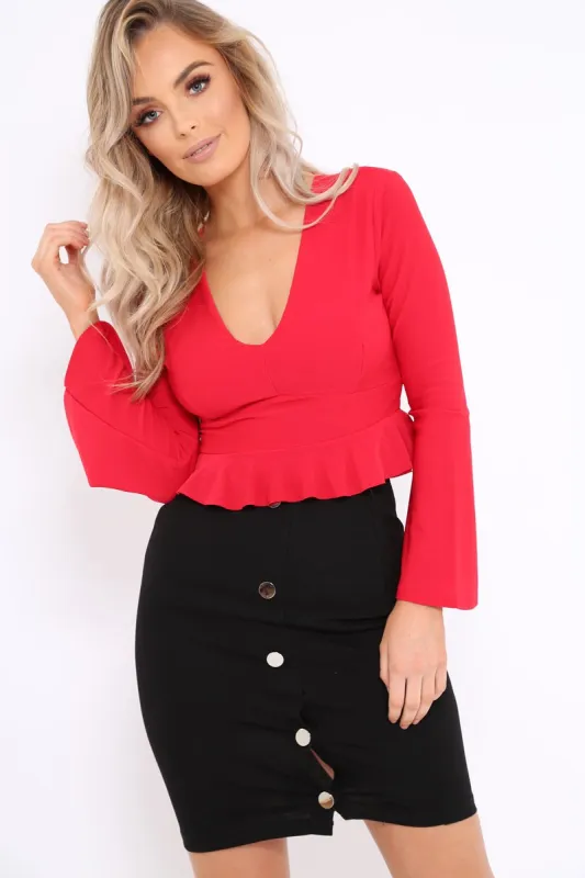 Red Plunge Flare Sleeve Crop Top with Frill Hem - Masie sold by Rebellious Fashion