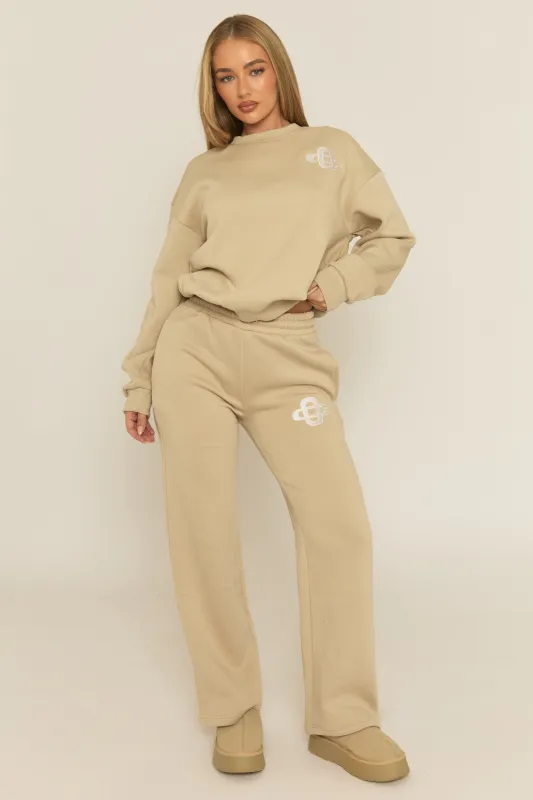 Beige Contrast Motif Jumper and Joggers Loungewear Co-ord Set - Oleen sold by Rebellious Fashion