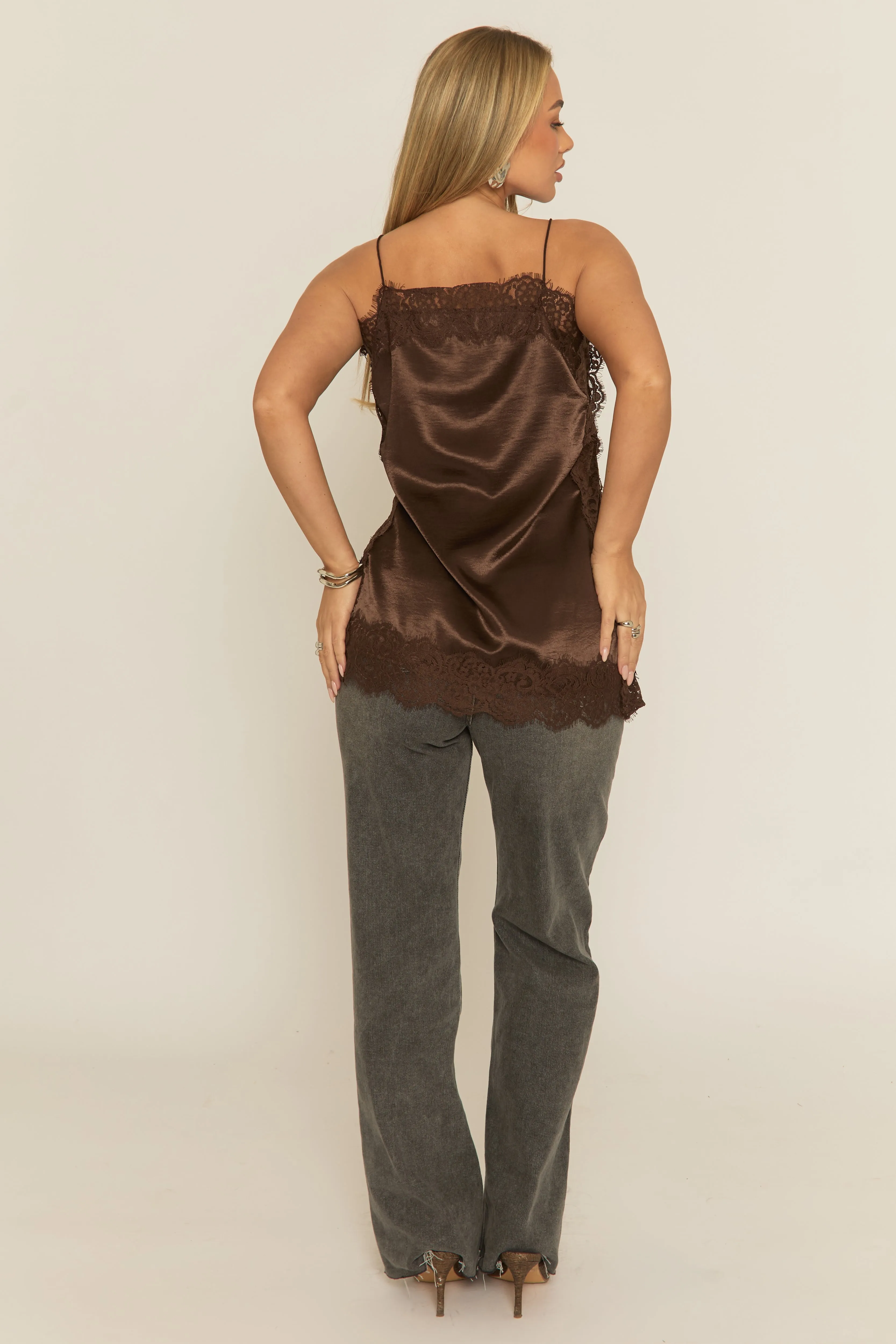 Chocolate Lace Trim Satin Cami Top - Trina sold by Rebellious Fashion product image thumbnail 4