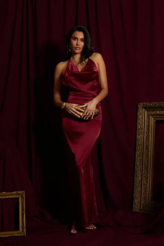 Wine Satin Cowl Neck Maxi Dress - Tansie made by Rebellious Fashion
