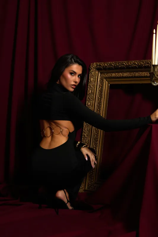 Black Gold Chain Trim Maxi Dress - Serra sold by Rebellious Fashion