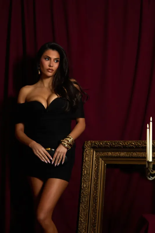 Black Mesh Plunge Bardot Mini Dress - Katrina made by Rebellious Fashion